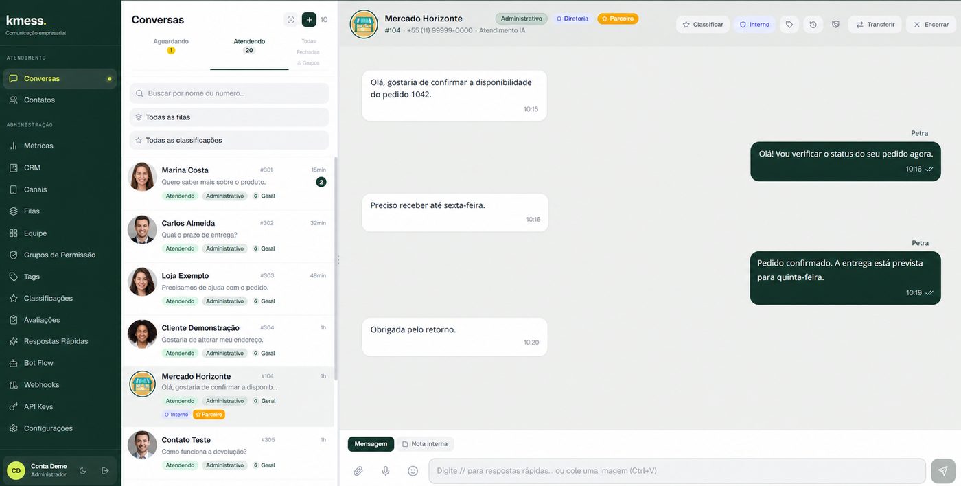 Painel de conversas do Kmess com filas, classificações e histórico